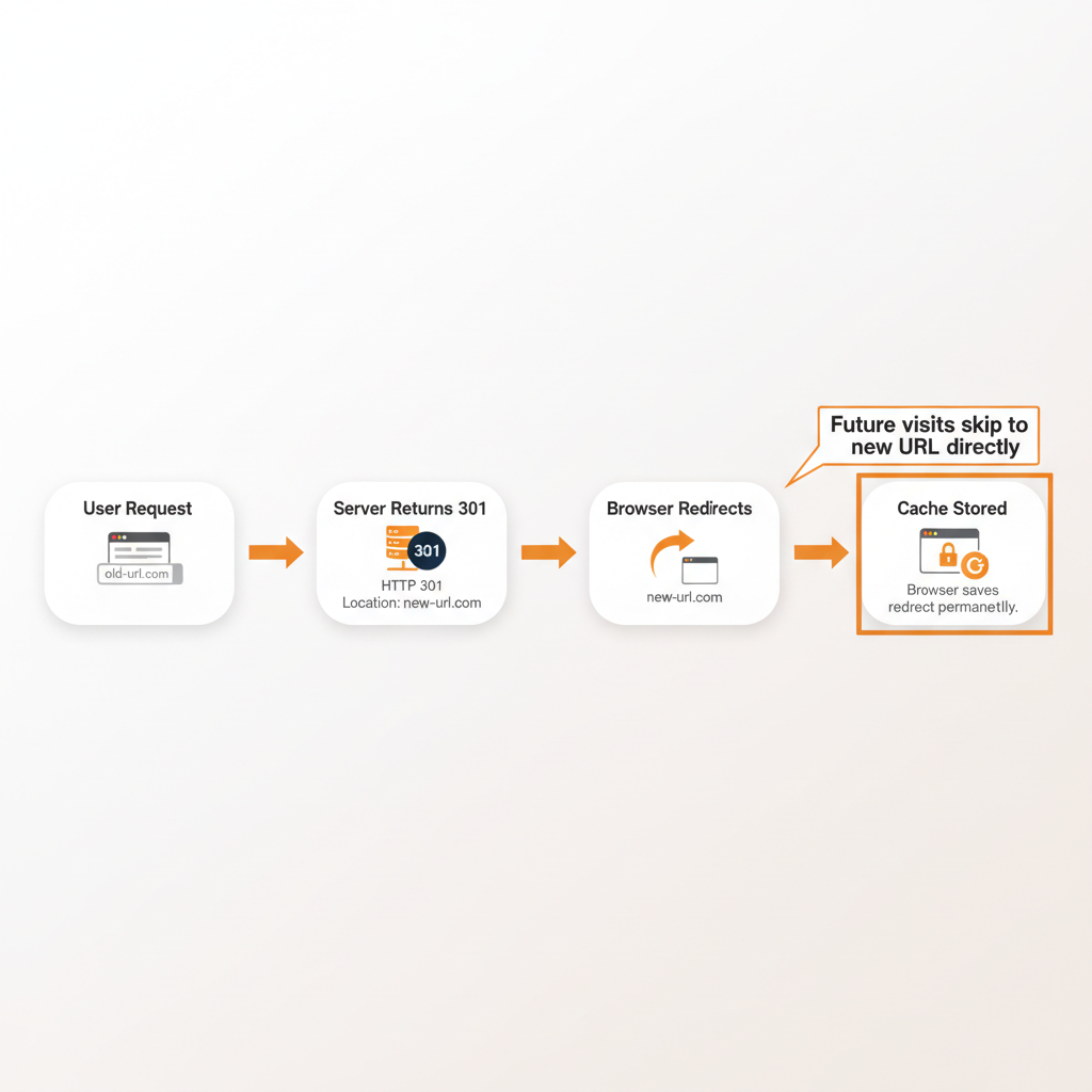 Four-step 301 redirect flow: user requests old URL, server returns 301 status with Location header, browser follows redirect to new URL, browser caches redirect permanently for future visits