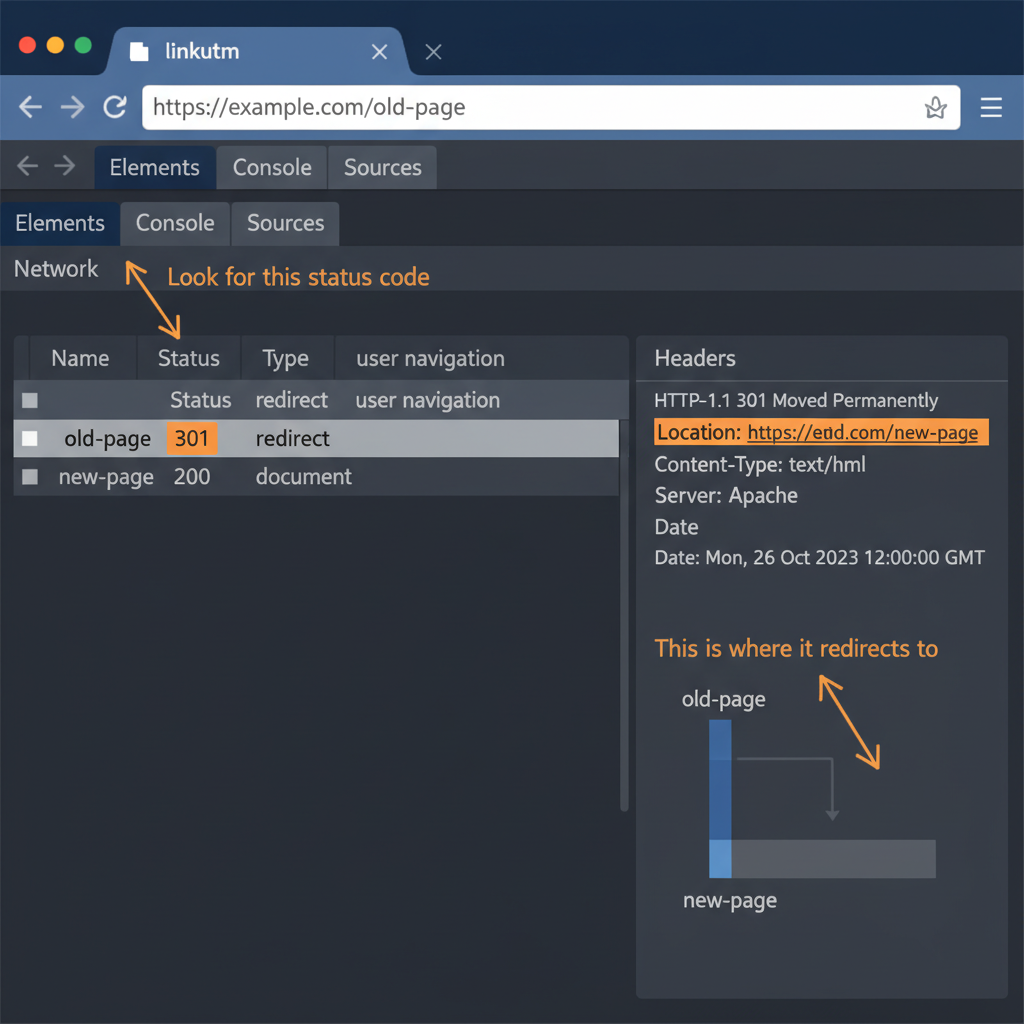 Chrome DevTools Network tab showing 301 status code highlighted in request list, Location header visible in response panel pointing to new URL, and redirect chain traced in waterfall