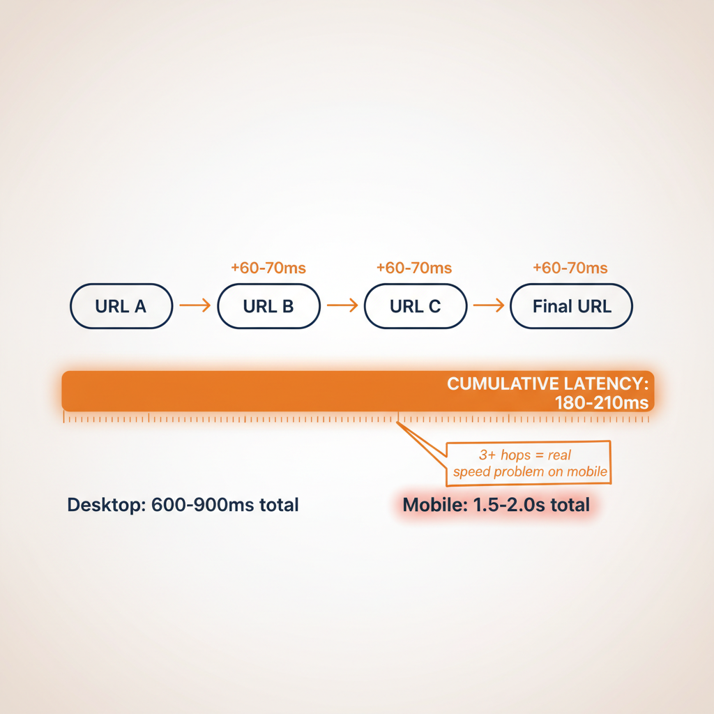 Redirect chain with three hops each adding 60-70ms latency, cumulative total showing 600-900ms on desktop and 1.5-2 seconds on mobile connections