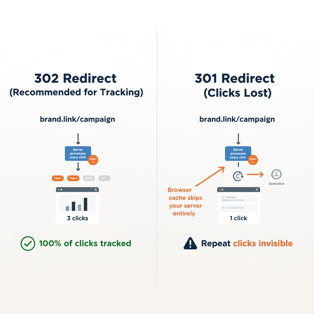 302 redirect branded link tracking every click through server versus 301 redirect where browser cache bypasses server and repeat clicks are invisible to analytics