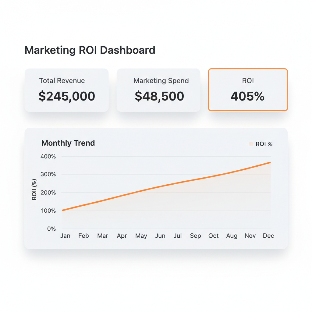 Marketing ROI dashboard showing key metrics with 405% ROI highlighted