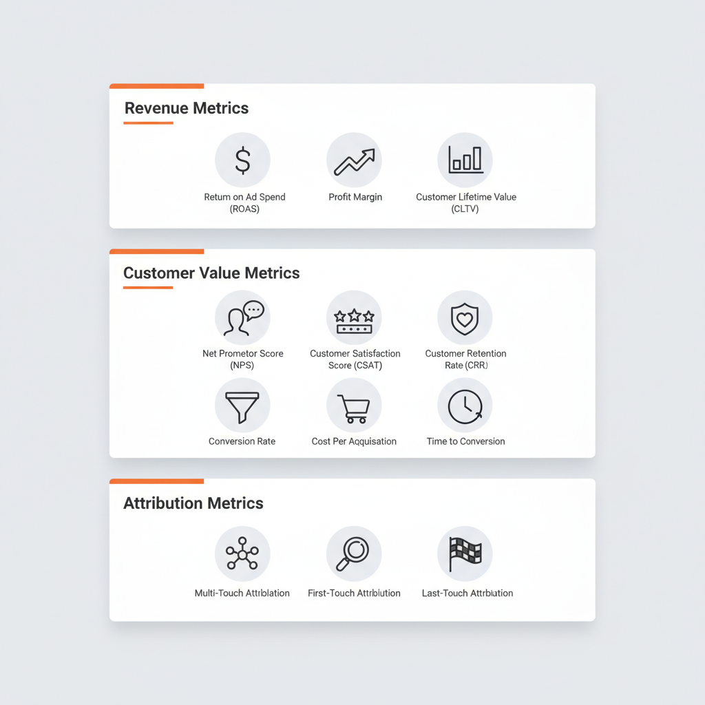 12 digital marketing ROI metrics organized into 4 categories: Revenue, Customer Value, Conversion, and Attribution