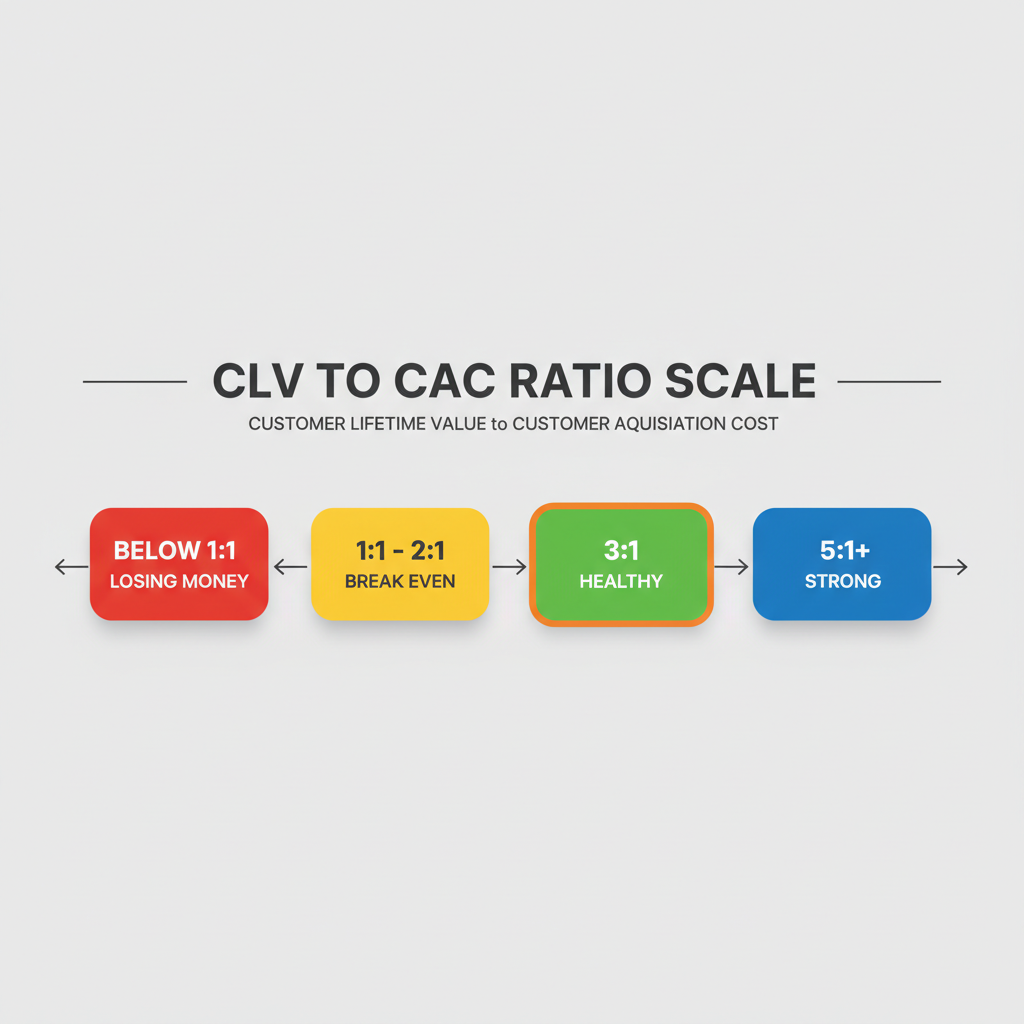 CLV to CAC ratio scale from 1:1 to 5:1+ with color-coded zones