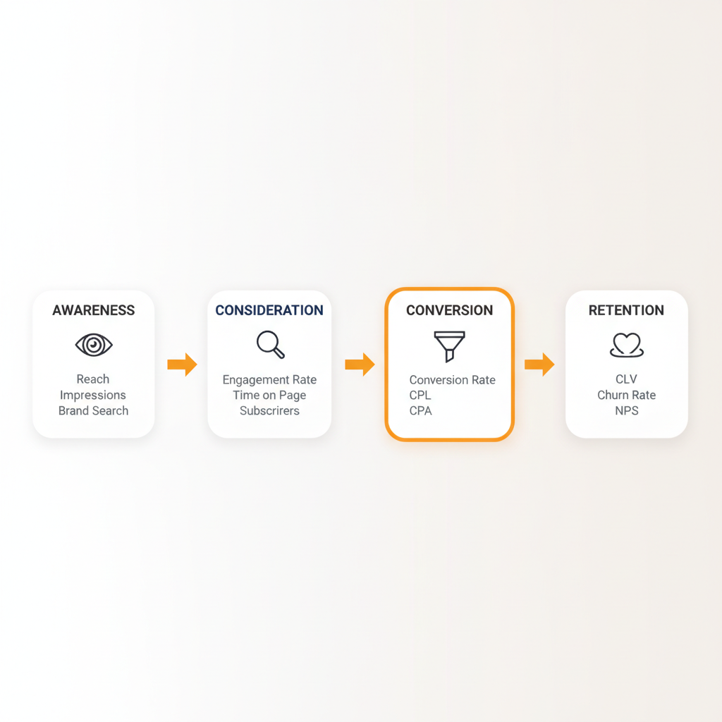 Horizontal customer journey flow from Awareness through Consideration to Conversion to Retention, each stage showing three to four recommended marketing metrics