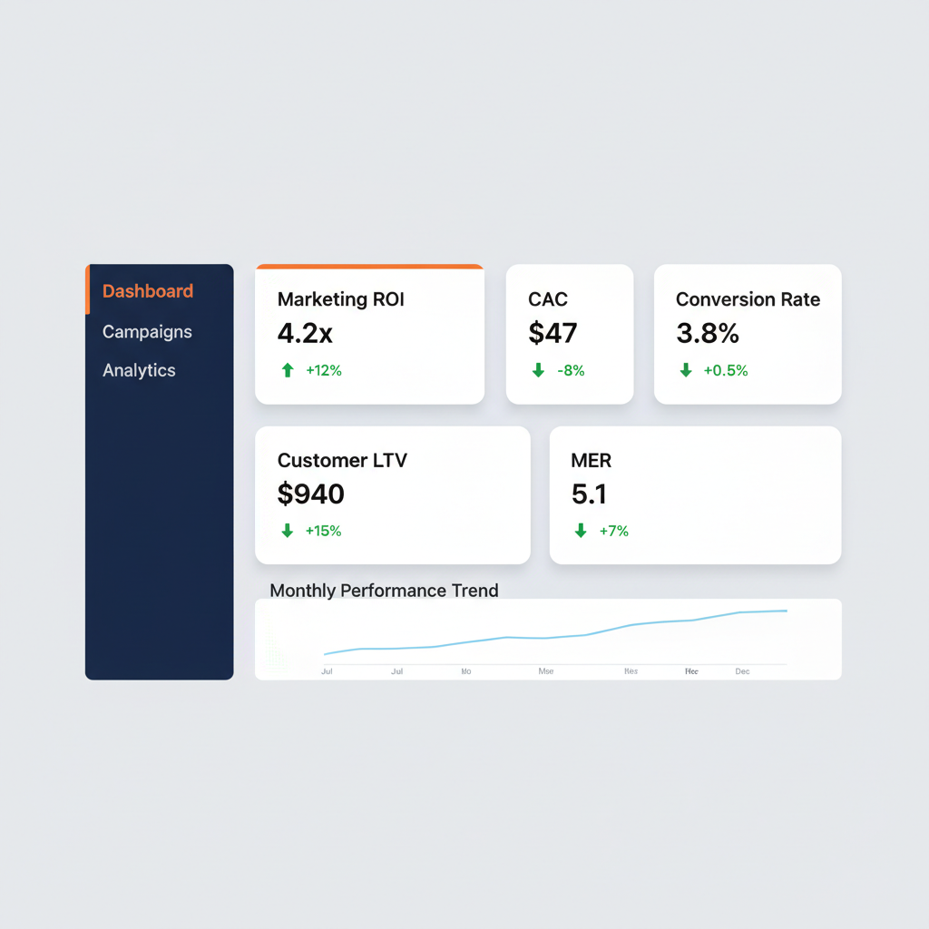 Clean marketing KPI dashboard mockup showing five core metrics: ROI at 4.2x, CAC at 47 dollars, Conversion Rate at 3.8 percent, CLV at 940 dollars, and MER at 5.1 with trend indicators