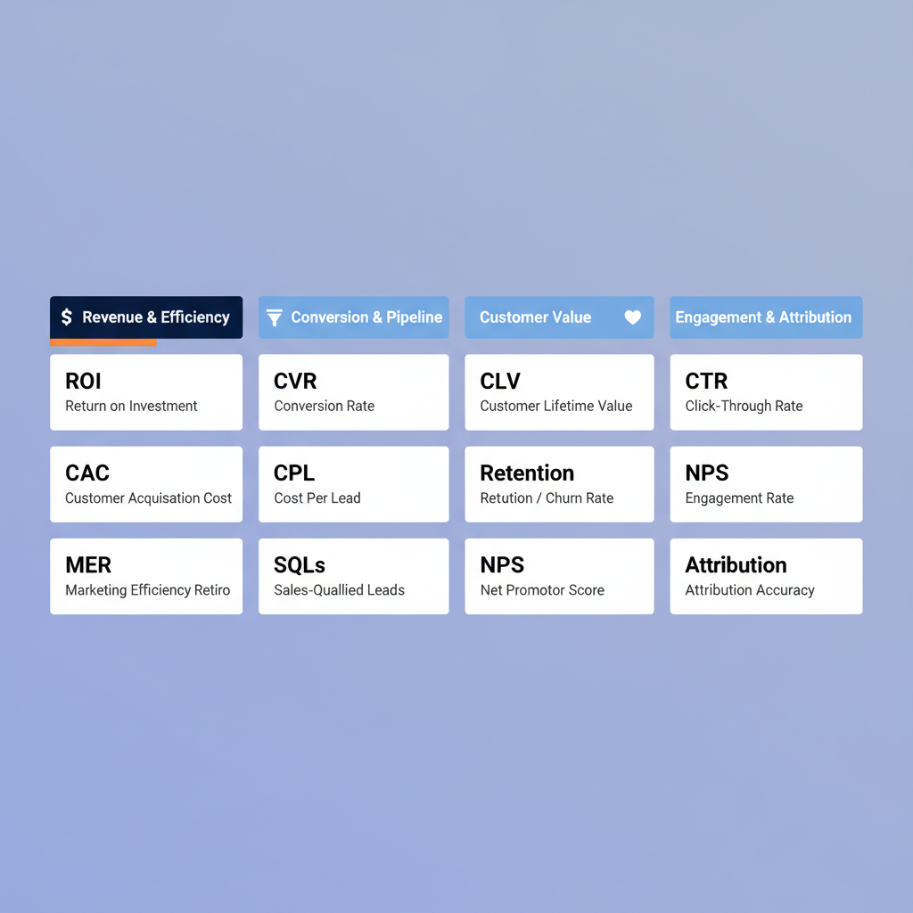 Twelve essential marketing metrics organized into four groups: Revenue and Efficiency with ROI CAC MER, Conversion and Pipeline with CVR CPL SQLs, Customer Value with CLV Retention NPS, Engagement and Attribution with CTR Engagement Attribution