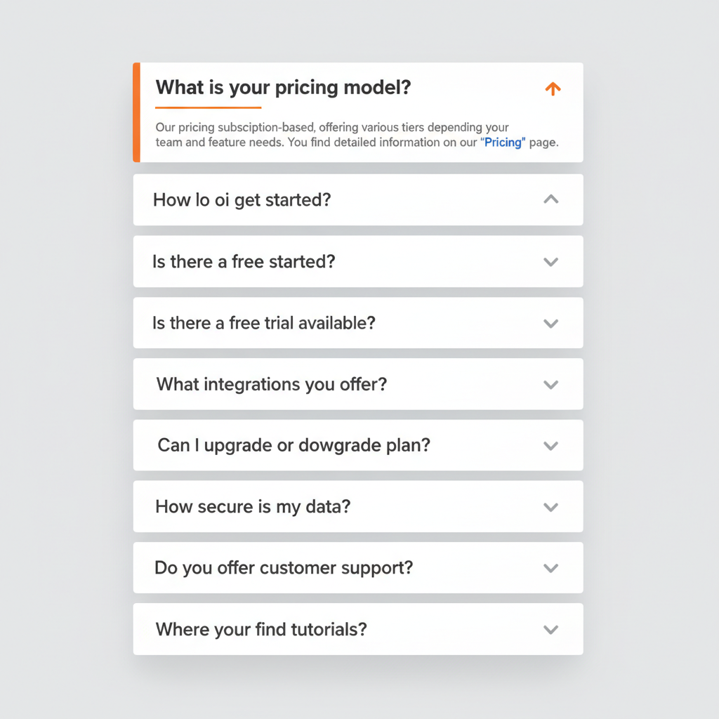 FAQ accordion visual showing the 8 questions in expandable format
