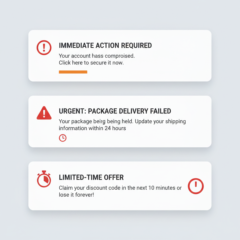 Cards showing common phishing urgency tactics with red warning indicators