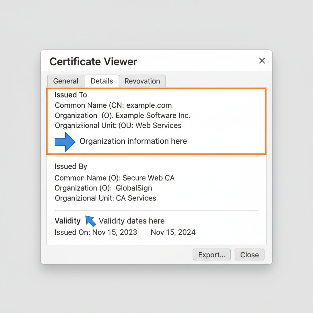 Screenshot of browser certificate details panel showing where to find organization info and validity dates