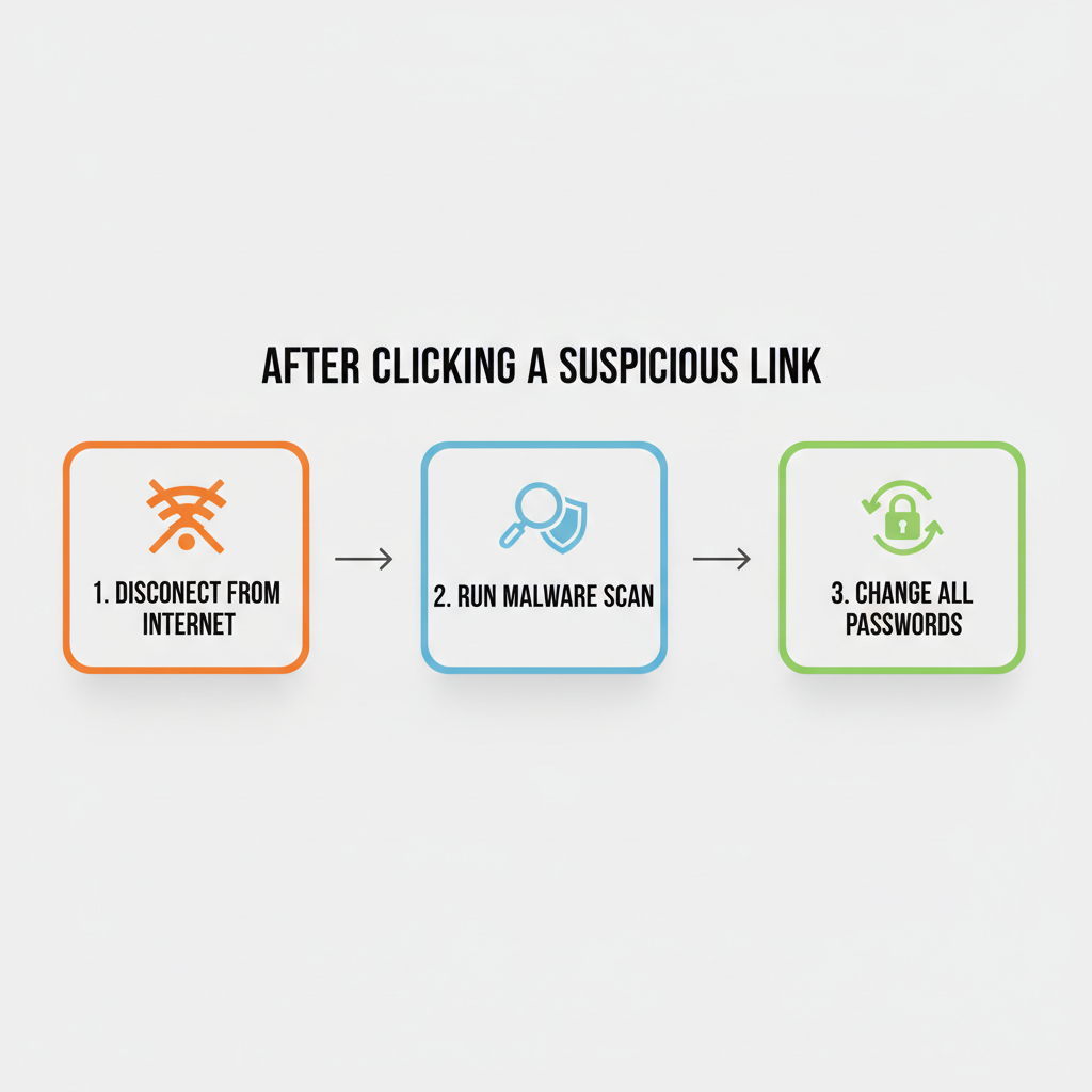Step-by-step flow showing what to do after clicking suspicious link: disconnect, scan, change passwords