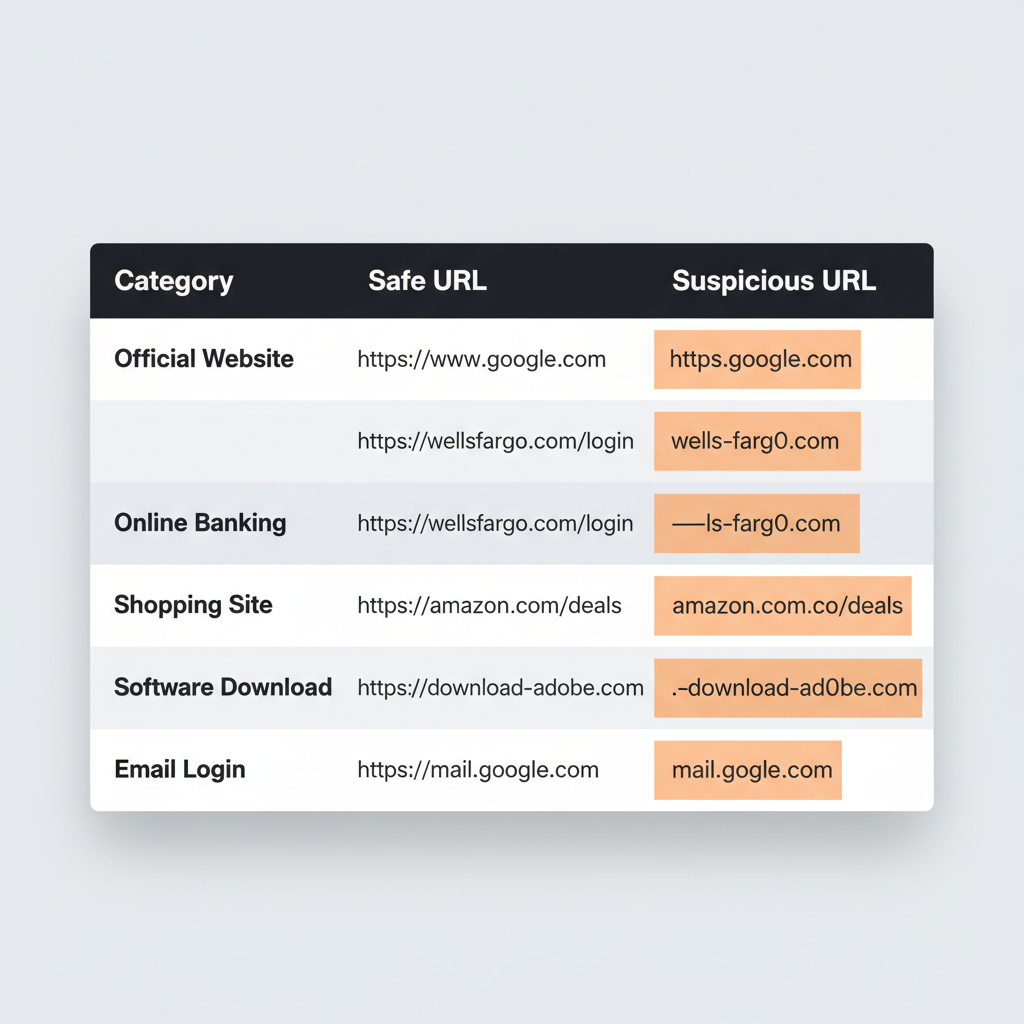 Table showing examples of safe vs suspicious URLs with visual highlights on the red flags