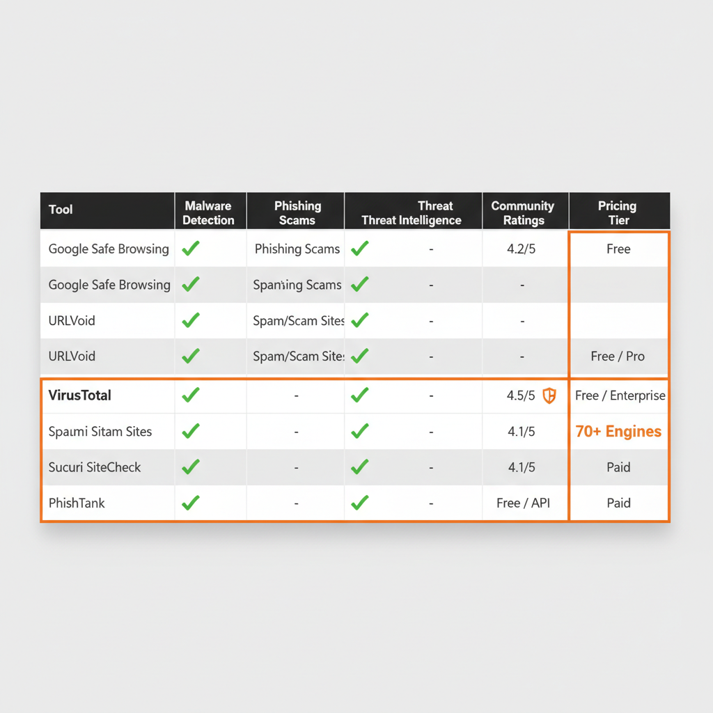 Feature comparison matrix of URL safety checker tools with checkmarks and ratings